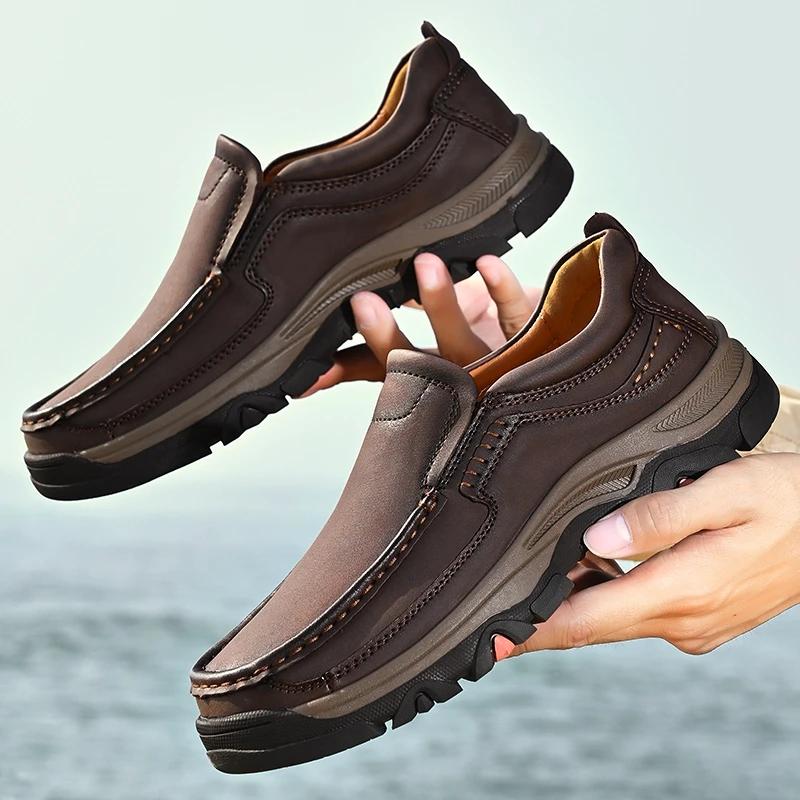 Fashion Classic Mens Leather Loafers Non Slip Walking Flats Outdoor Slip On Casual Shoes for Man Retro Style Driving Footwear Moccasins