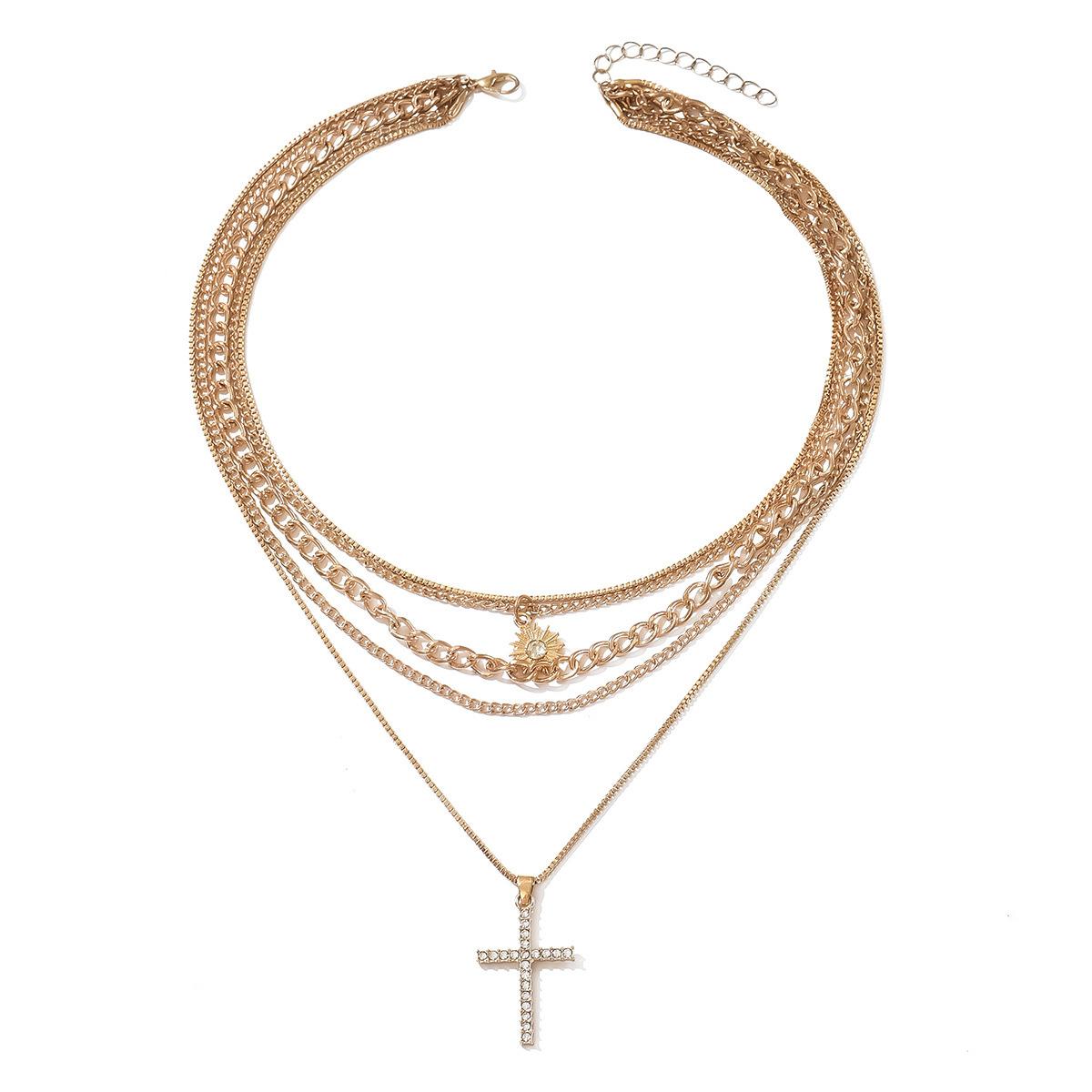Diamond-encrusted cross necklace, European and American jewelry, women s multi-layer stacking, personalized sun collarbone chain