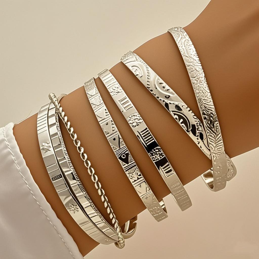 

7Pcs Fashion Pattern Metal Cuff Bracelet Set For Women Elegant Gold Silver Color Open Bangle Female Trendy Party Jewelry серебряный