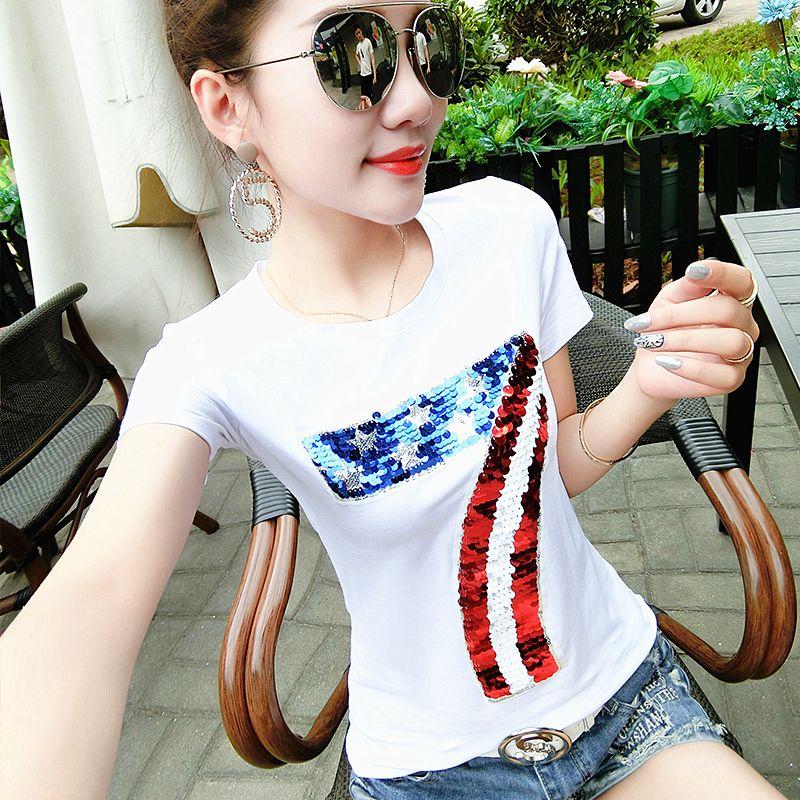 

European Station T-shirt Women s Large Shirt Sequin Embroidery White M