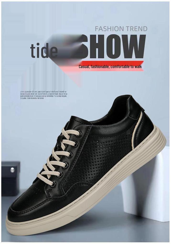 Spring 2024 Trendy Men's Breathable Leather Board Shoes - Comfortable, Hollow Design for Work and Casual Wear in White.