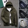 Men Cotton Jacket Hooded Long Sleeve Solid Color Down Coat with Pockets Full Zipper Closure Thin Quilted Winter Outwear