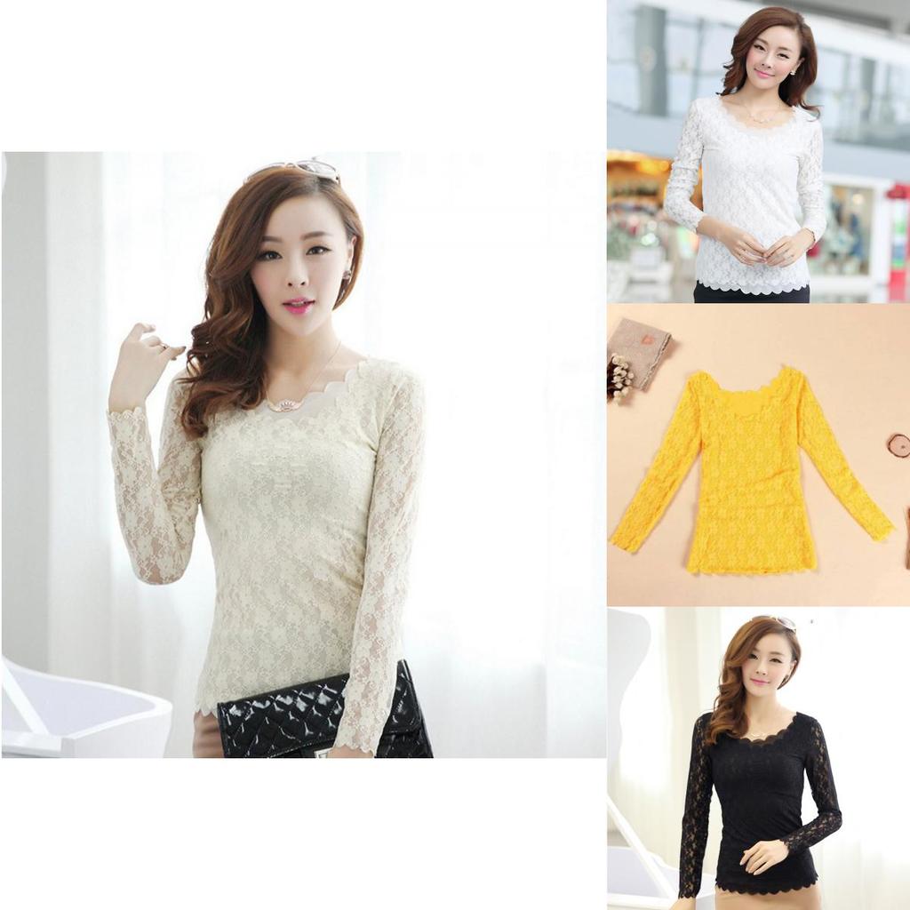 Top in Pizzo a Colore Puro a Manica Lunga da Donna Primavera Vestibilità Slim Elegante