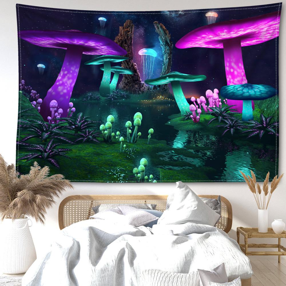 Green Purple Forest Mushroom Tapestry Wall Hanging Bohemian Mystical Witchcraft Living Room Background Cloth Home Decor