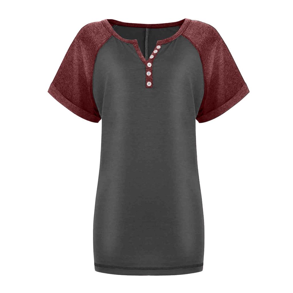 Fashion Womens Solid Color Splicing Round Neck Casual Short Sleeves Tops