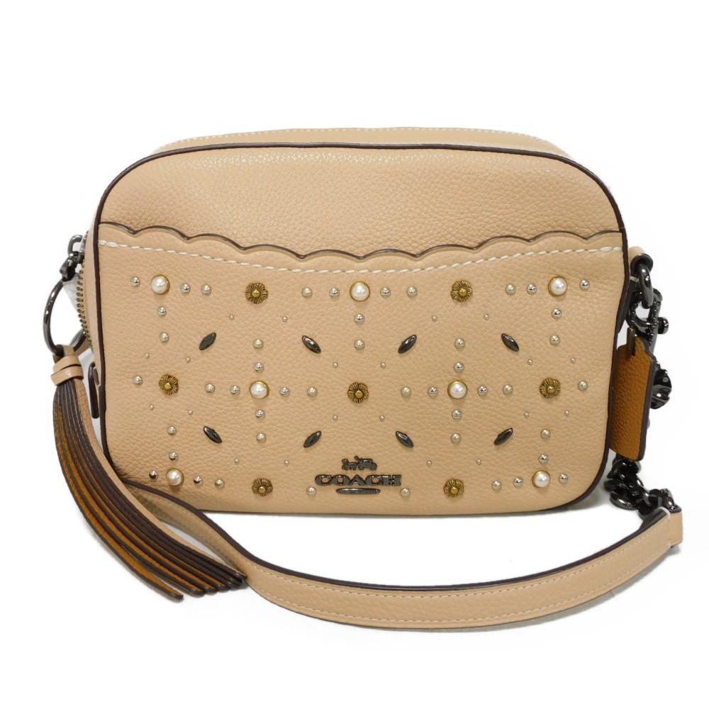 

Used Prairie Rivet Camera Bag (9726, 29329, 7921), Studded Pebbled Pink Beige Logo Metal Beechwood, Women s from Japan