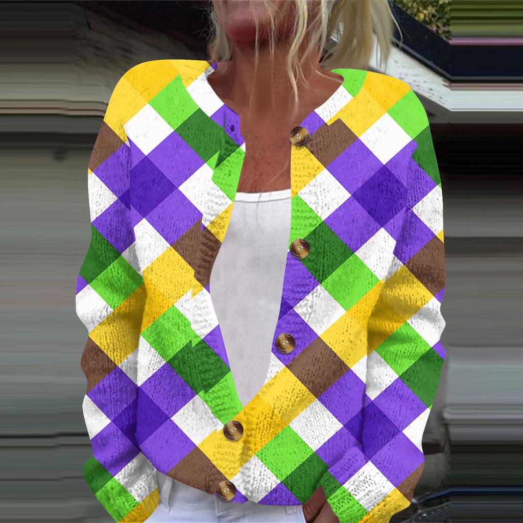 Women's Fashion Printed Long Sleeve Knitted Cardigan Button Down Jacket