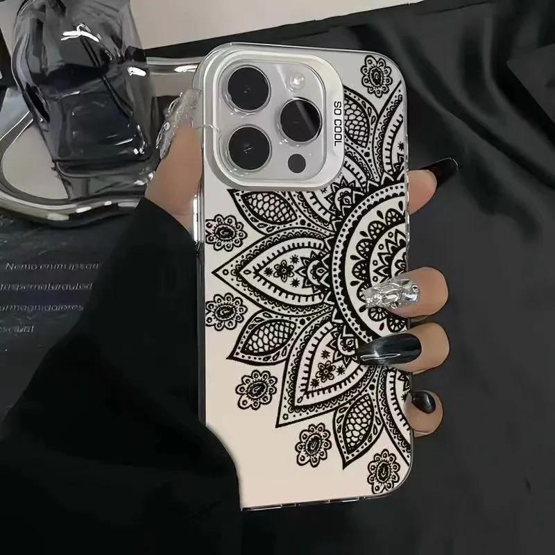 

Чехол для iPhone 16 15 14 13 12 11 Pro Max 14 15 16 Plus Винтажный Цветочный Тотем Серебристый IMD Ударопрочный Чехол для Камеры iPhone 16