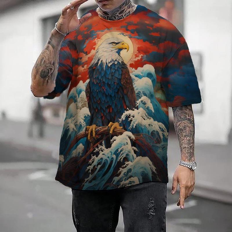 Camiseta casual masculina com blocos de cores, estampa 3D, gola redonda, manga curta, camiseta grande, roupas masculinas, tops, streetwear, verão
