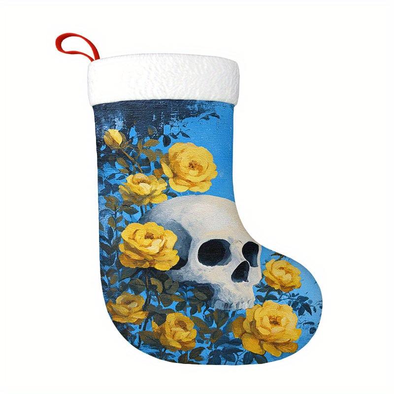 Christmas Decoration Fireplace Hanging Stocking 1pc Gothic Stocking - White Skull with Black Eyes & Yellow Ros