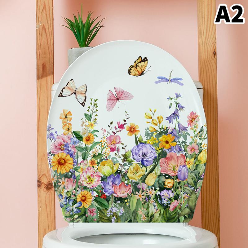 1Pcs Flower Floral Toilet Stickers Green Plant Leaves Wall Stickers Decoration Waterproof Self-Adhesive Decals Bathroom Sticker
