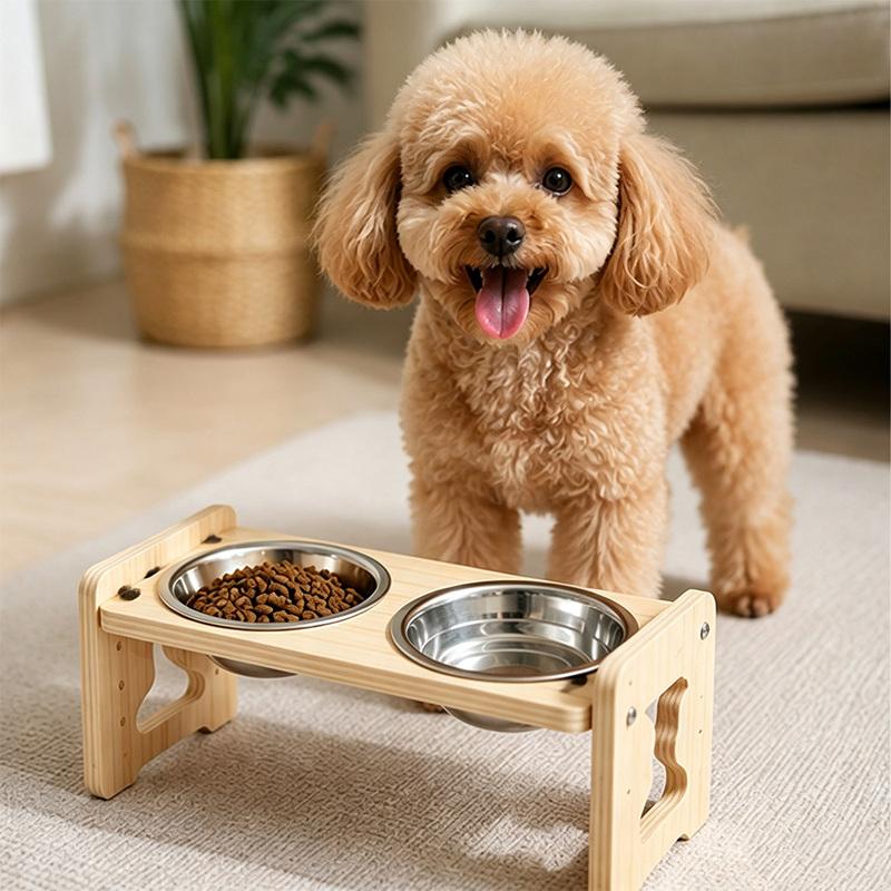 Double Elevated Pet Feeding Bowl Wooden Stand with Removable Stainless Steel Bowls for Dog and Cat Food Water Pet Accessories