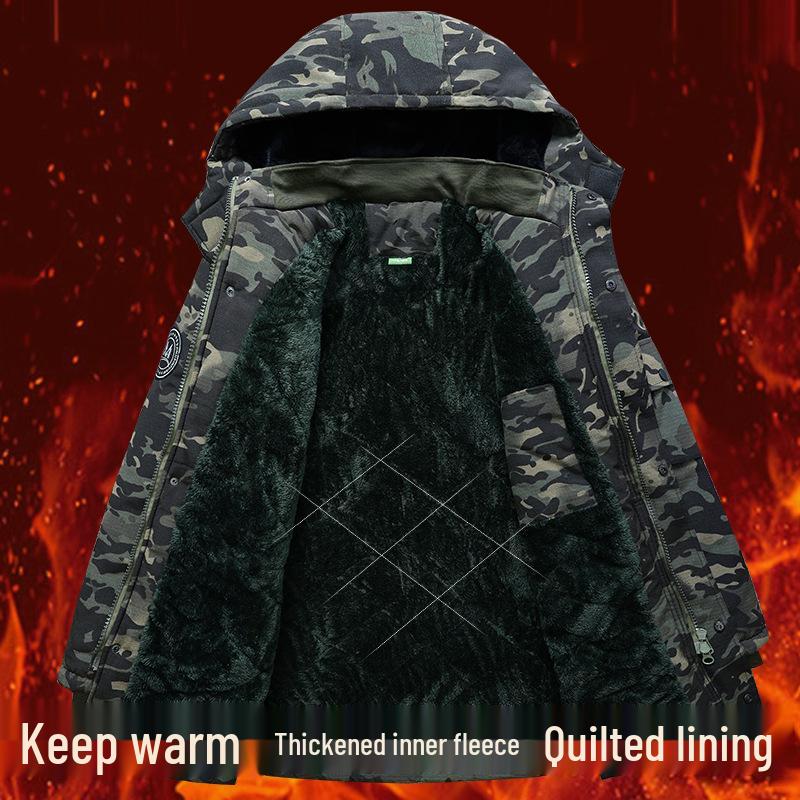 Men's Mid-Length Camouflage Cotton Jacket: Thick, Waterproof, Cold-Proof with Fleece Lining & Reflective Strips for Winter Workwear