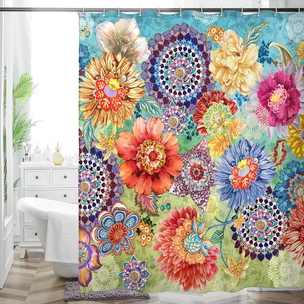 Bohemian Bathroom Shower Curtain Colorful Floral Printed Polyester Fabric Shower Curtain For Bathroom Decoration
