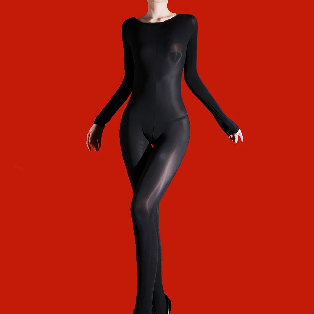 150Kg Women 6D Thin Bodysuit Open Crotch Oil Glossy Shiny Yoga Shaping Elastic Tights Body Stockings Leggings Maid Leotard