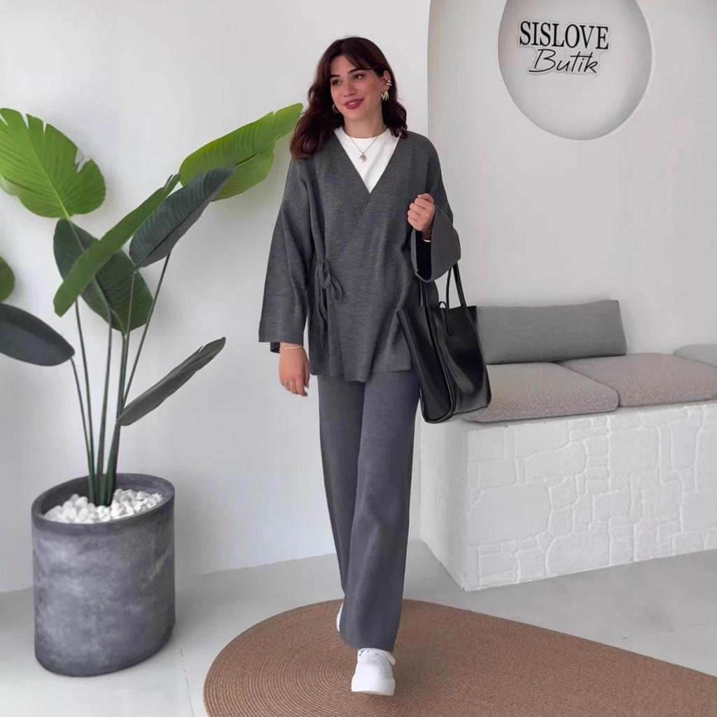 2025 Autumn Women's Crossover Collar Cardigan & Long Pants Set - Solid Color, Long Sleeve, Casual