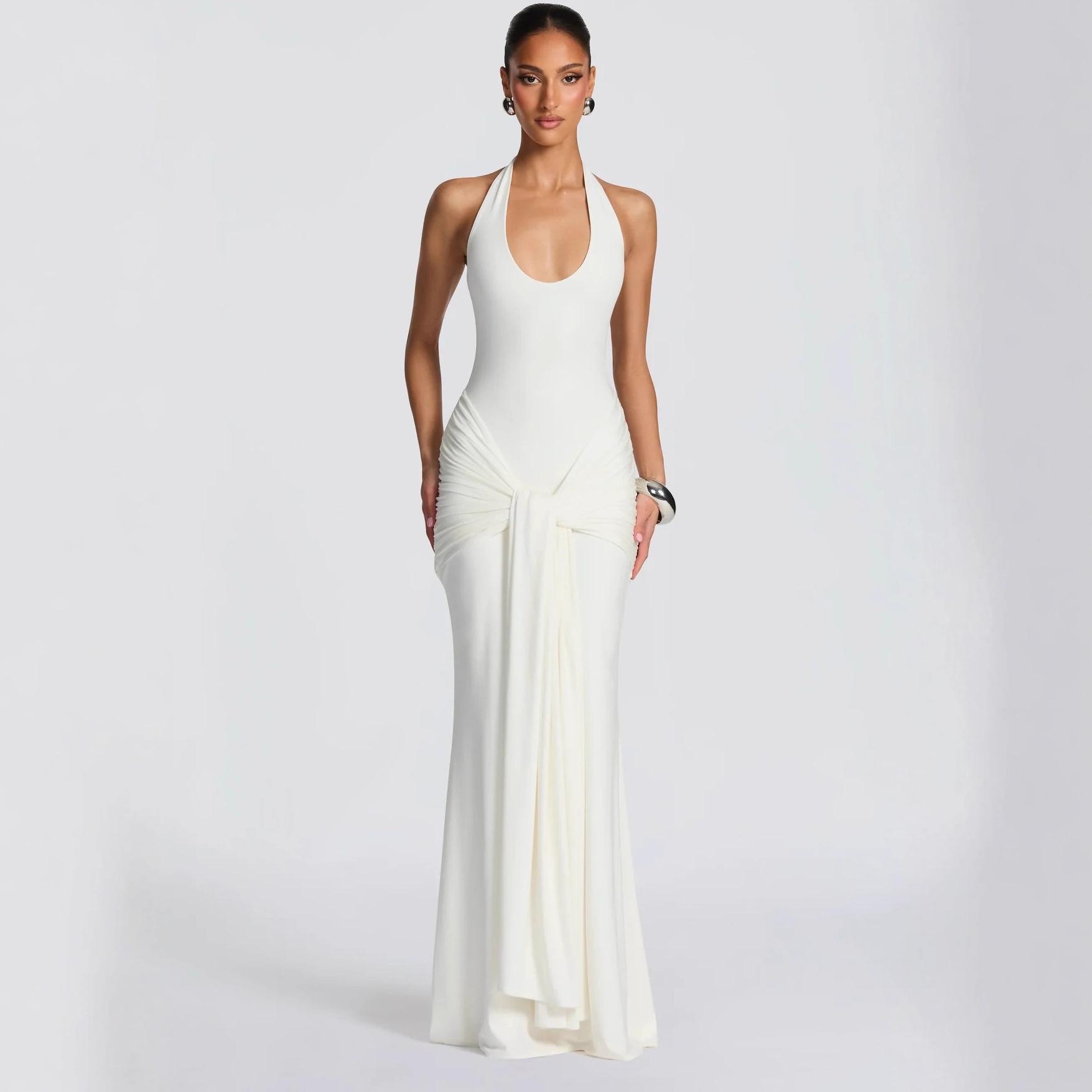 

2026 European & American Women s Sleeveless U-Neck Slim-Fit Evening Gown with Waist-Cinched Ribbon S