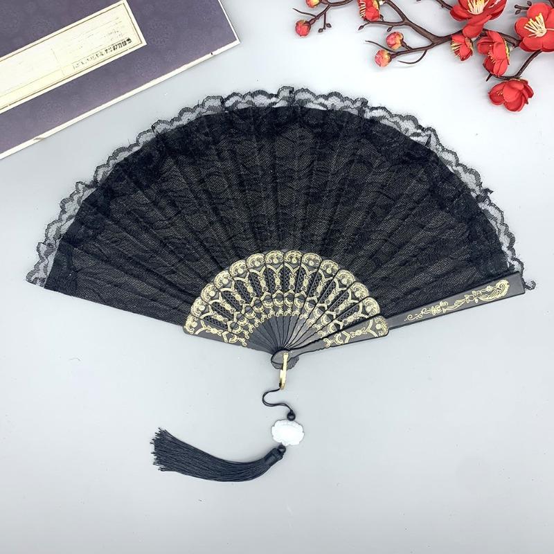 1 ks evropský retro černobílý krajkový skládací vějíř pro ženy lolita umění klasický ruční vějíř tanec foto cosplay opera párty rekvizity
