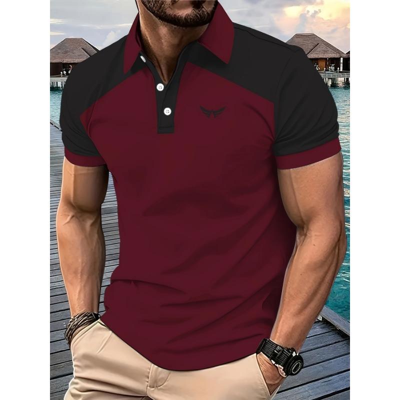 Men's Casual Summer Shirt - Color Block Design, Short Sleeve, Breathable Polyester, Machine Washable