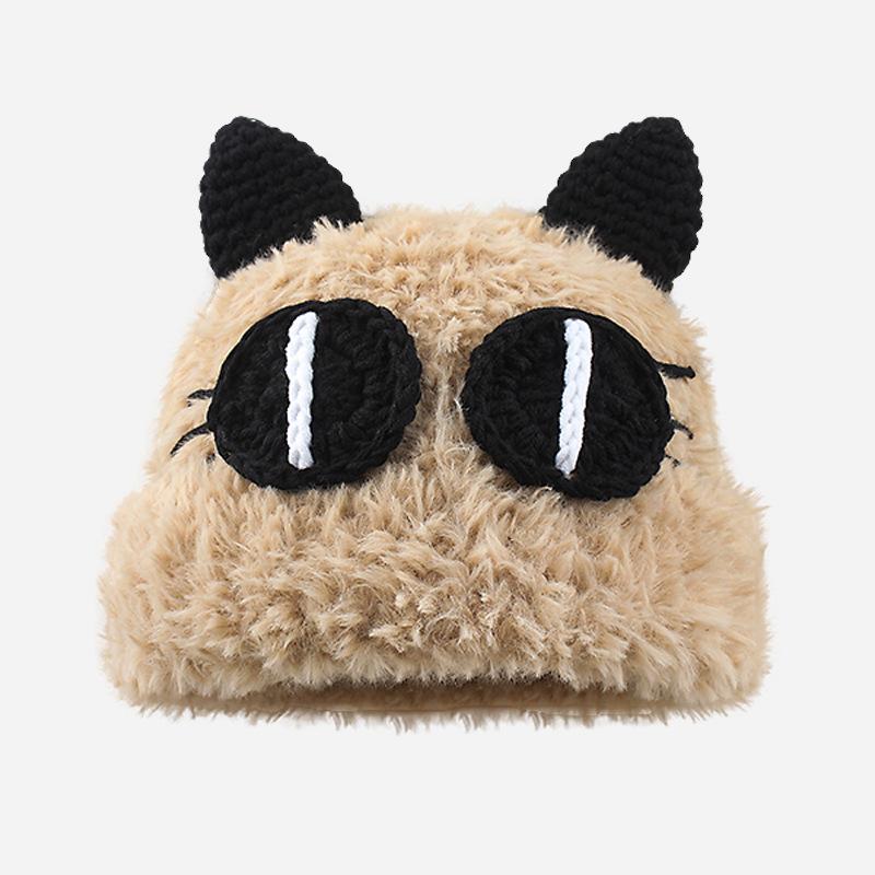 

Осень и зима милый кот большие глаза плюшевая вязаная шапка для пары утолщенная теплая большой обхват головы универсальная шляпа-ведро 52-56cm хаки