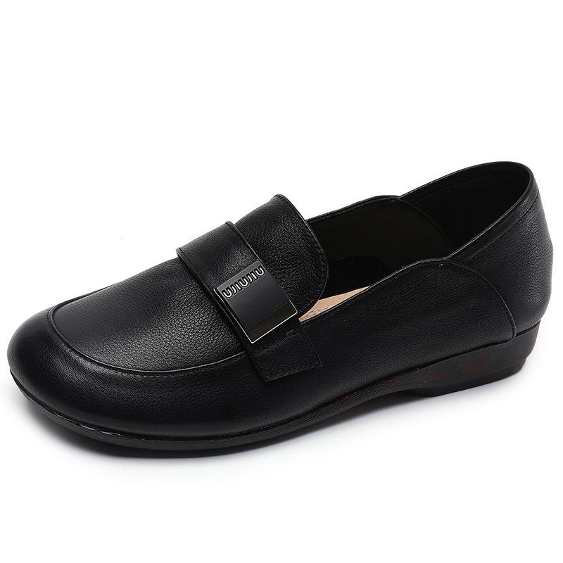 Round Toe Flat Sole Loafers for Women In Spring New Style of Cowhide Soft Sole Large Size 43 Single Shoes Square Buckle Bean Shoes