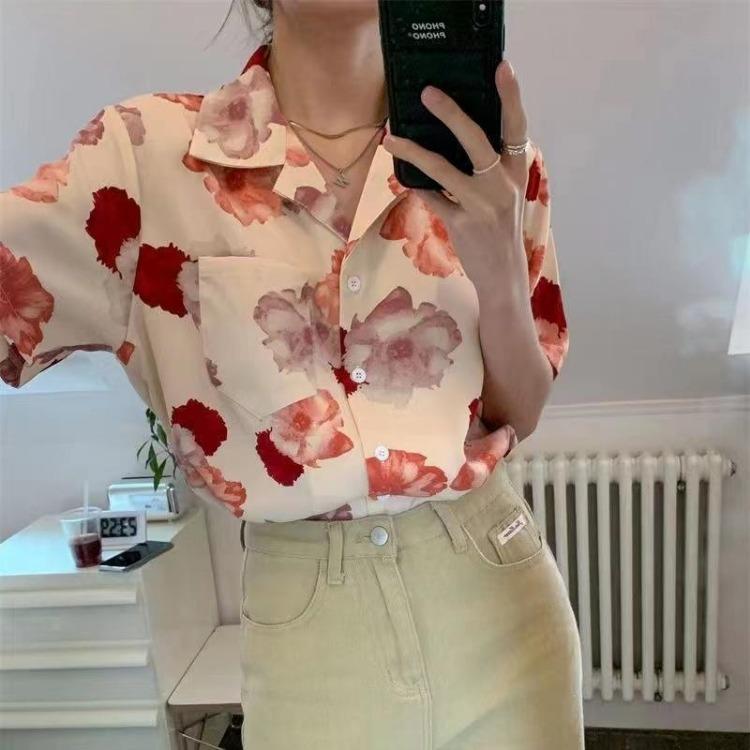 Vintage Floral Print Women Blouse Casual Loose Fit Turn Down Collar Leaf Design Chic Single Breasted Ladies Top
