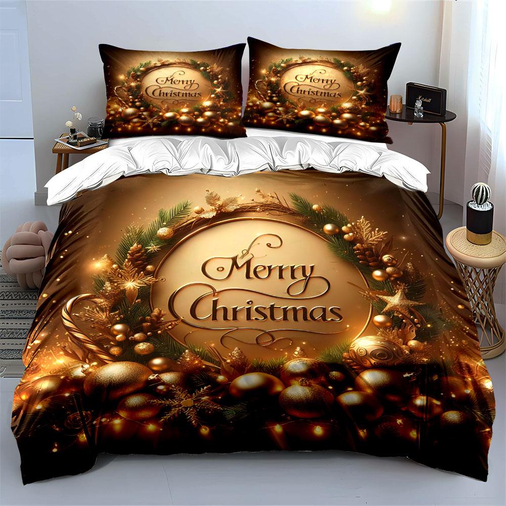 Golden Merry Christmas Design Bedding Duvet Cover Set Duvet Cover Pillowcases  (1*Duvet Cover 2*Pillowcases, without duvet insert)