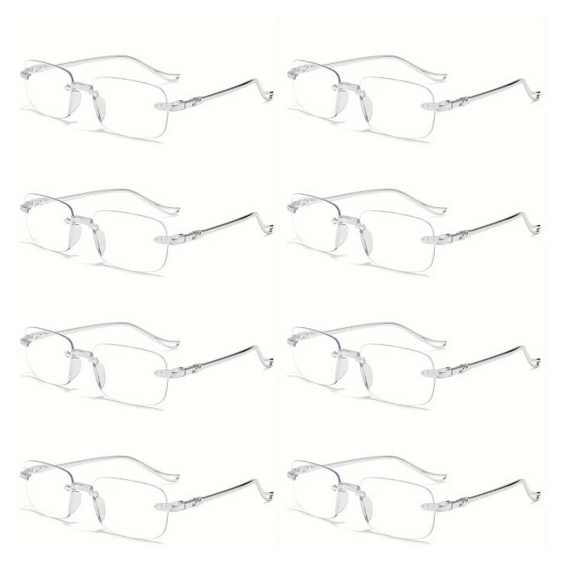 8PCS Elegant Rimless Reading Glasses for Men and Women Rectangular Frame Shape with Anti-Blue Light Polycarbonate Lenses