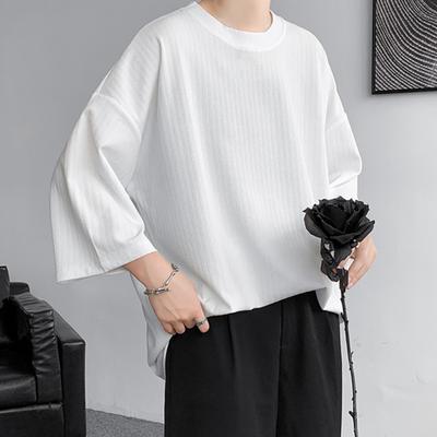 Men's Round Neck T-shirt Three-Quarter Length Sleeves Solid Color T-shirt Casual Style Loose
