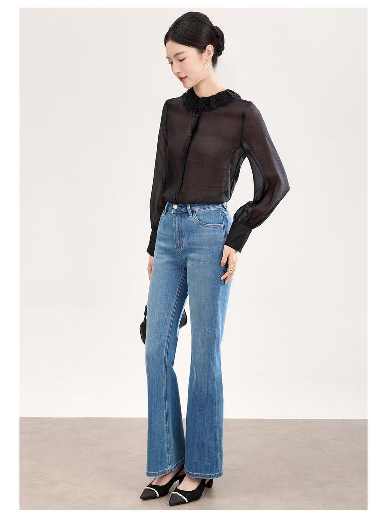 Nanyou High-Quality Lace Trim Mist-Effect Ice Silk Long-Sleeve Women's Shirt