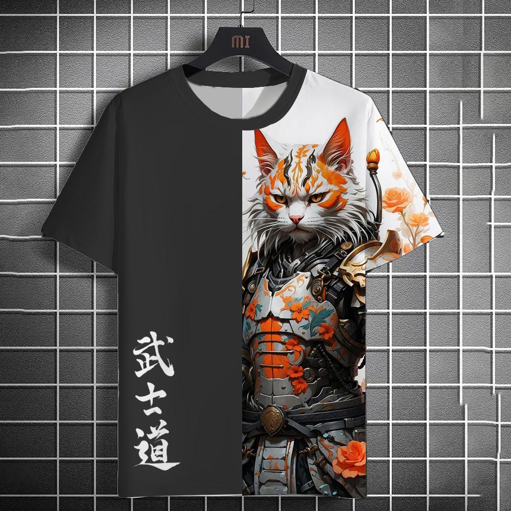 Bushido Animal Cat Samurai Print Men's T-shirt Summer Short Sleeve T-shirt Men's Retro Men's Tops Casual Men's Loose T-shirt