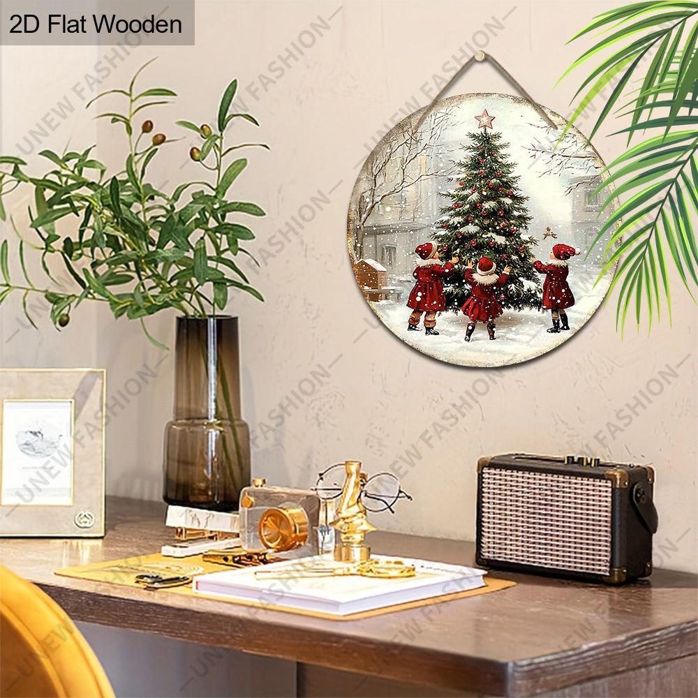 Vintage Kids Decorating Christmas Tree Round Wooden Hanging Sign, 2D Flat Printed Christmas Wall Door Ornament, Xmas Home Holiday Decor Gift
