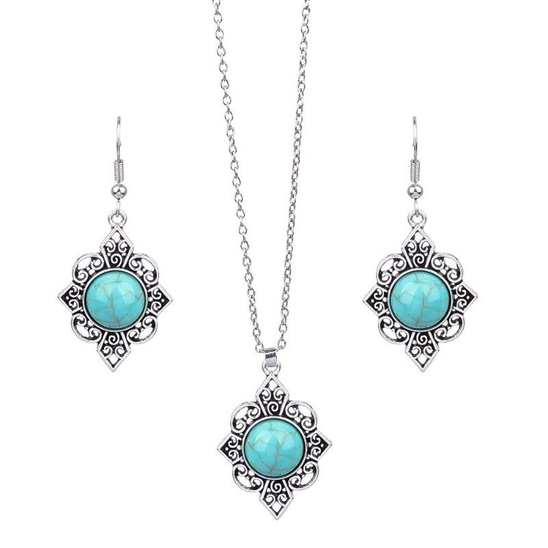 GemChic Women's New Vintage Ethnic Turquoise Geometric Carve Flower Pendant Necklace Earrings Two Piece Set Fashion Birthday Christmas Jewelry Gift