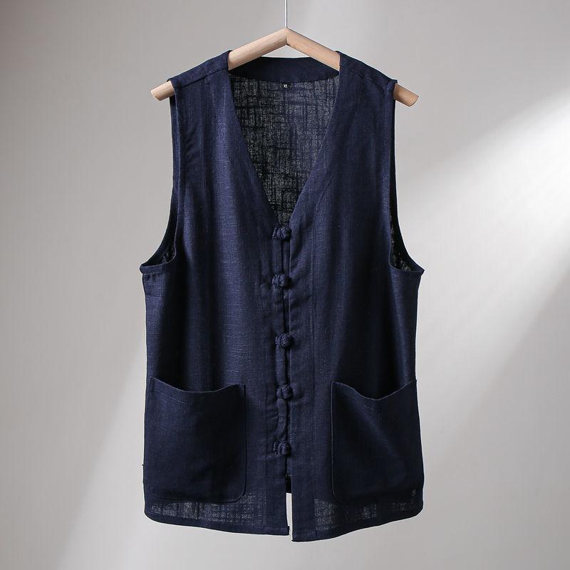 Men's  Breathable Linen Vest: Retro Buckle-Accented V-Neck Loose Style, Outdoor Layering Piece with Horsehide Texture