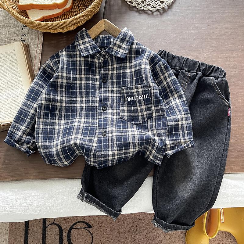 Boys' 2025 Korean Style Plaid Two-Piece Set: Long-Sleeve Casual Shirt for Kids