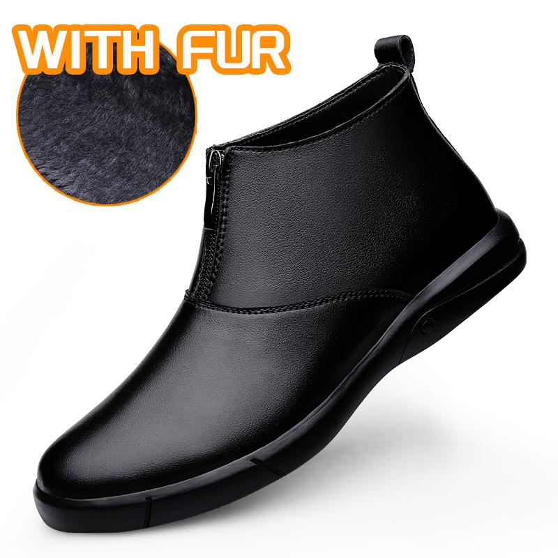 Fashion New Arrival Mens Slip on Chelsea Boots Genuine Leather Casual Ankle Boots Comfortable Man Business Botas Winter Plush Snow Shoes