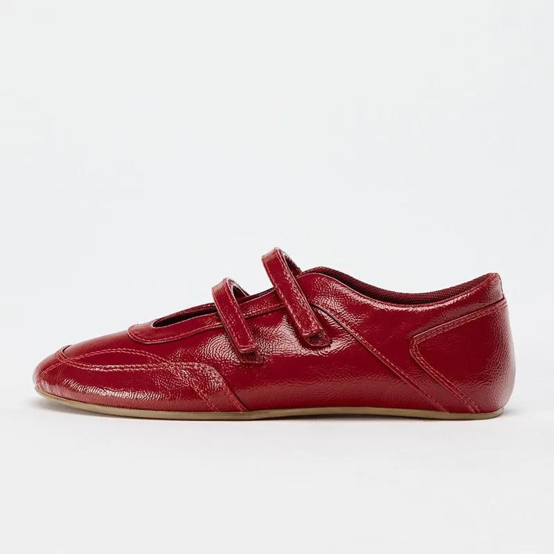 Fashion Red Patent Leather Flat Ballet Shoes Women Light Non-Slip Double-buckle Belt Flats Comfort Loafers Walking Luxury Designer Shoes