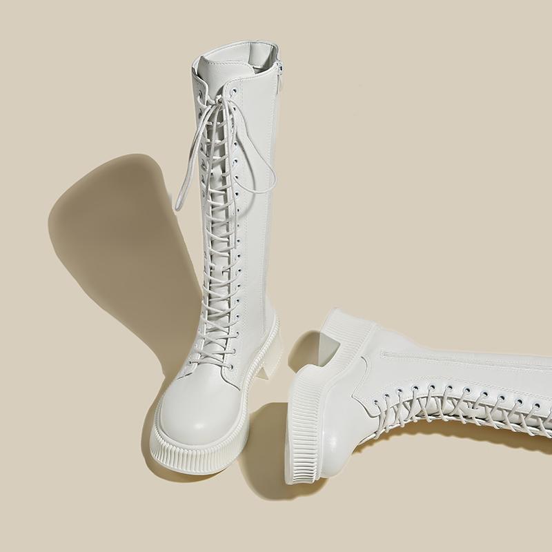 Fashion Lace-up Knight Boots Women's New Platform Mid Heel Block Heel No Knee Boots High