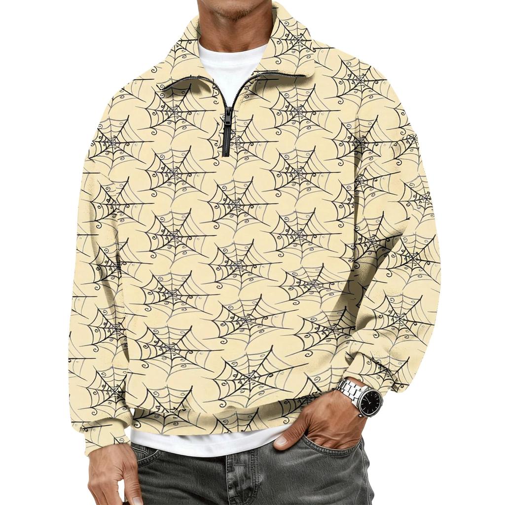 Men's Flannel Quarter-Zip Long Sleeve Pullover Hoodie with Halloween Print