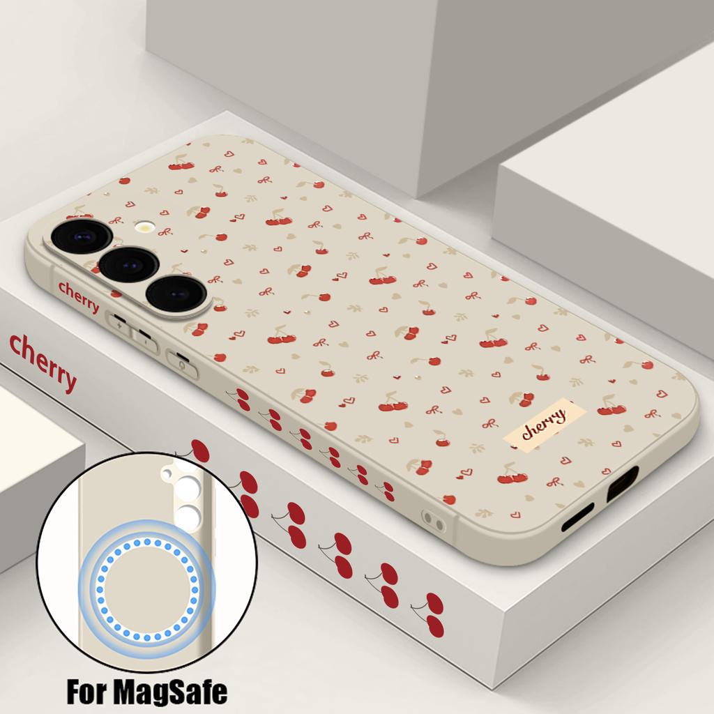 Magnetic Cherry Bow Print Case For Samsung Galaxy S25 S24 FE S24 S23 S22 Ultra Plus For Magsafe Wireless Charge Soft Phone Cover