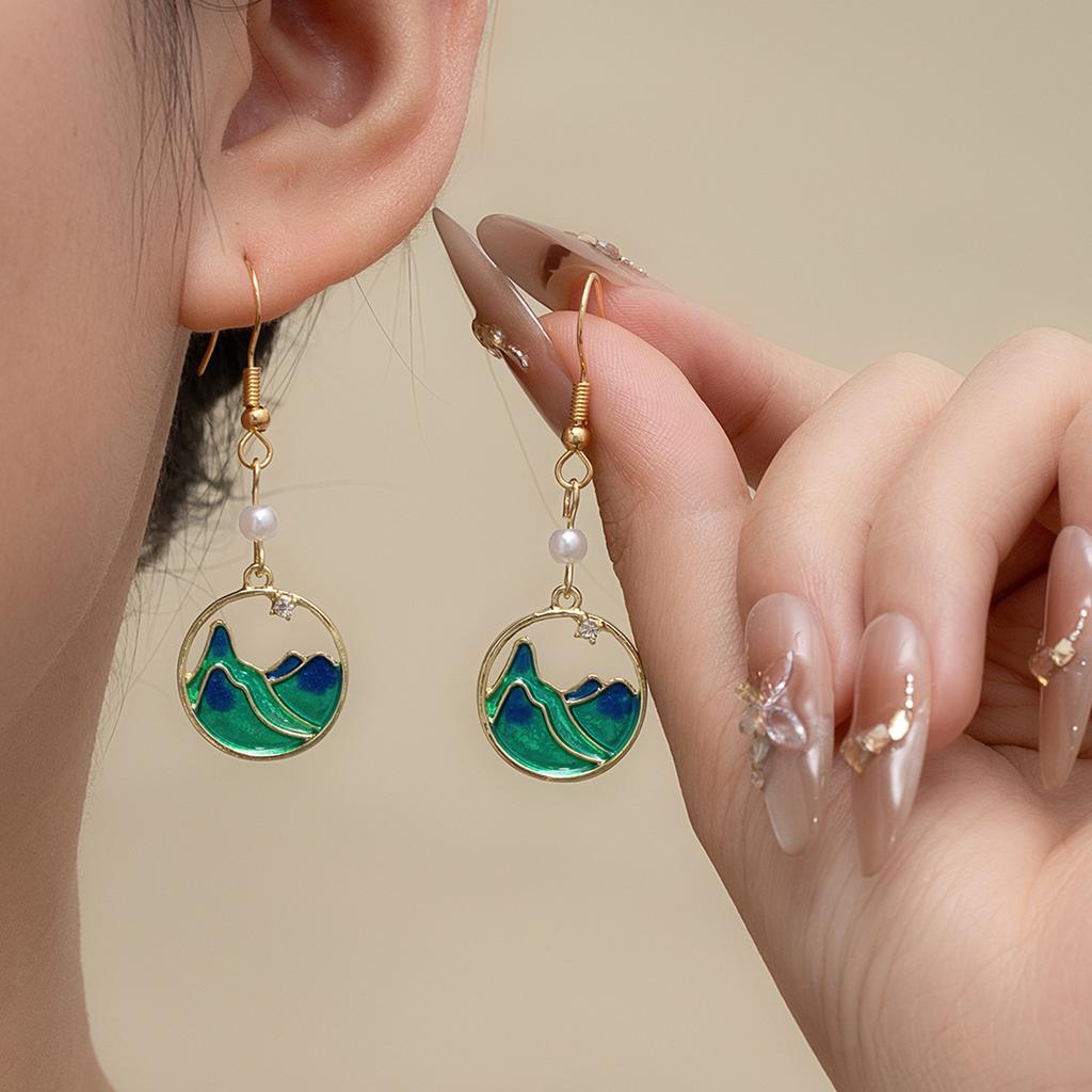 Chinese-Style Guochao Retro Earrings, Dripping Oil Enamel Niche Ear Hooks Are Only Green And Thousands Of Miles Of Jiangshan Earrings, High-End Sense