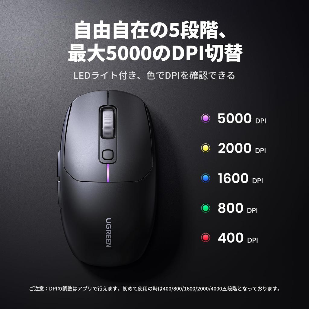 UGREEN Wireless Mouse, USB-C Rechargeable, for Work and Gaming, Bluetooth 2.4G, Wired, and Side Buttons, Repositionable, Software Included, 5000 DPI,