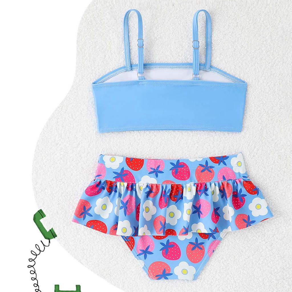 Girls Two Piece Swimsuit Set Tankini Top with Bow Detail Adjustable Straps and Ruffled Skirt Bottom Floral Print Swimwear