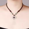 GEMCHIC Women's Ethnic Style Glass Flower Pendant Necklace with Braided Rope and Jade Beads Short Clavicle Chain
