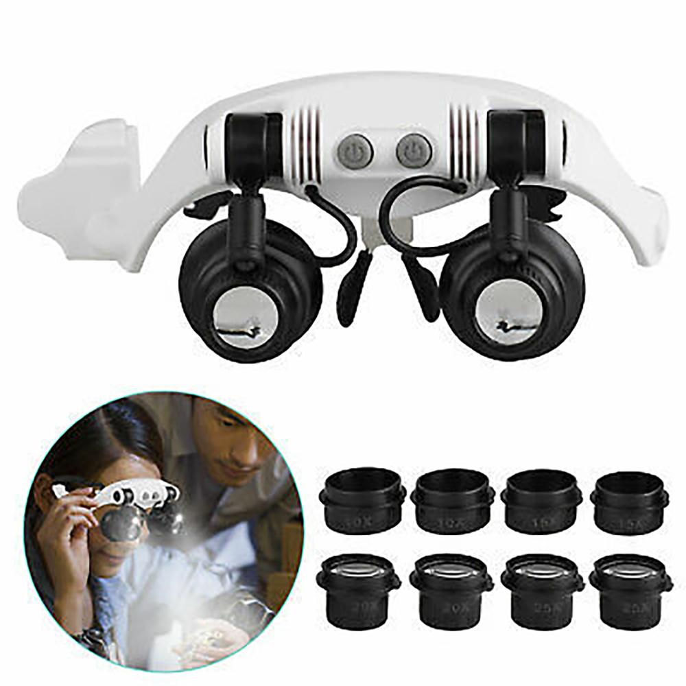 Headband Head Magnifier 8 Lens LED Light Jeweler Watch Loupe Magnifying Glasses