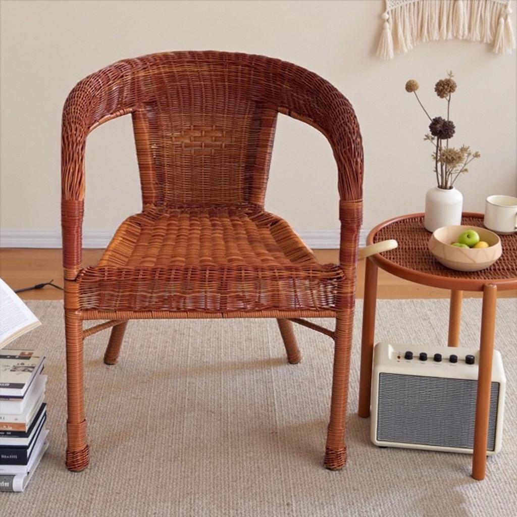 Rattan Woven Outdoor Chair with Armrest and Backrest for Balcony or Garden - Sun Protection and Comfortable Seating for Elderly.