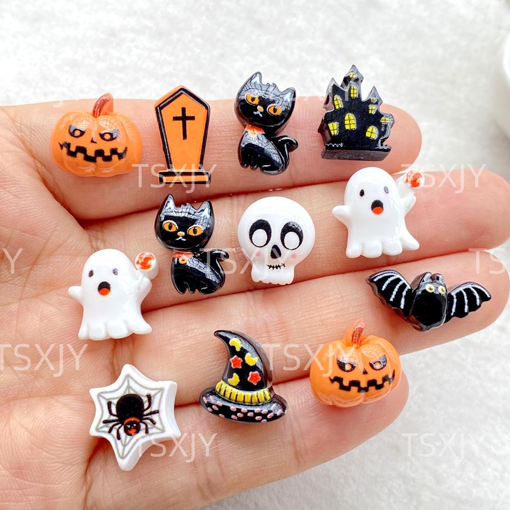 

20pcs Resin Colorful 3D Cartoon Halloween Skull, Bat, Ghost, Black Cat, Spider Figurine Decor DIY Halloween Scrapbook Crafts