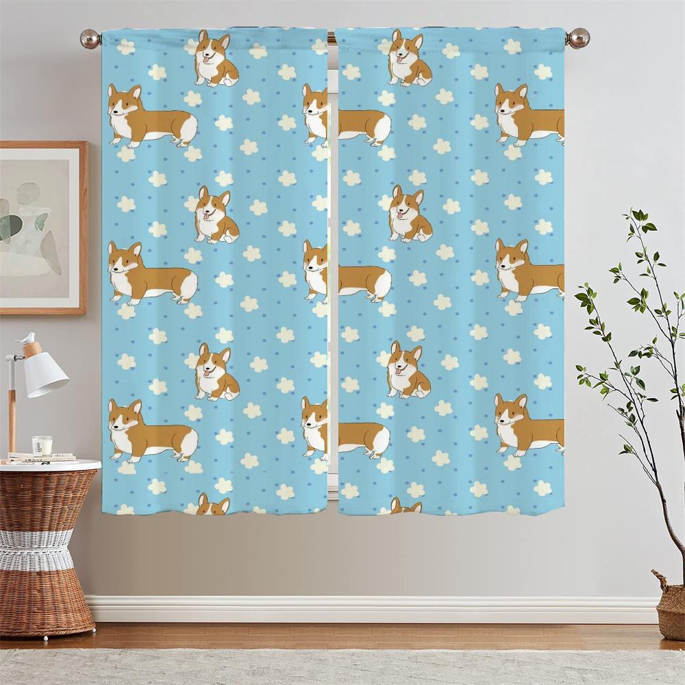 Corgi Bedroom Curtains 2 Pieces Luxury Living Room Curtains for Doors Blinds Window Curtain Tiebacks Curls Tulle In Kitchen the