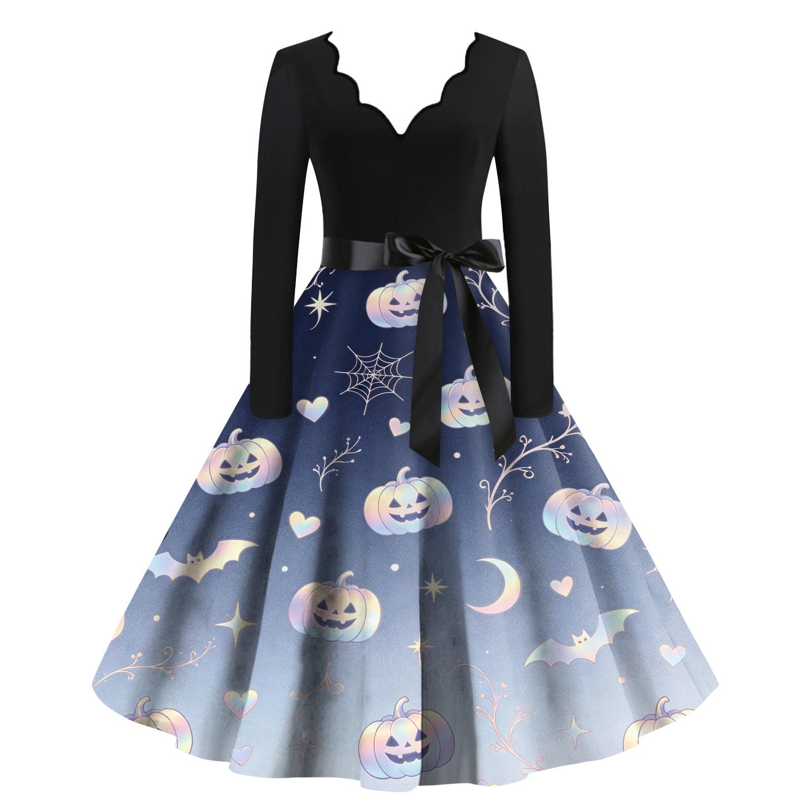 Women s Halloween Printed Long Maxi Dress for Costume Party L чёрный