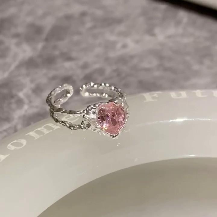 Charming Pink Heart Ring For Women Adjustable Stylish Design Trendy Copper Accessory